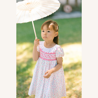 Isadora Floral Pink Short Puff Empire Dress
