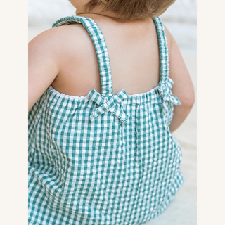 Rosalie Seersucker Ruffle Bubble Romper – Laguna Gingham

