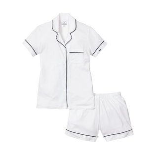 Women's Pima Pajama Short Set in White with Navy Piping
