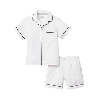 Kid's Twill Pajama Short Set in White with Navy Piping
