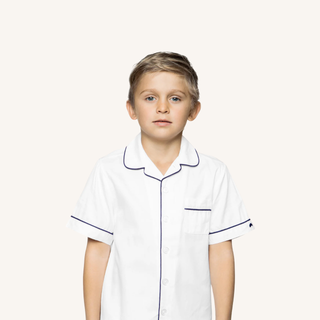 Kid's Twill Pajama Short Set in White with Navy Piping
