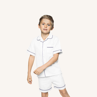 Kid's Twill Pajama Short Set in White with Navy Piping
