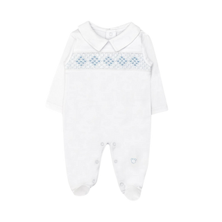 Hand Smocked Pima Playsuit – White & Blue
