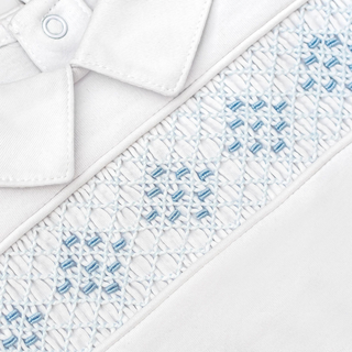 Hand Smocked Pima Playsuit – White & Blue
