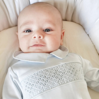 Hand Smocked Pima Playsuit – White & Blue
