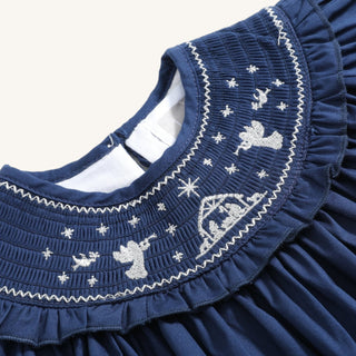 Blue Nativity Smocked Ruffle Bishop Dress
