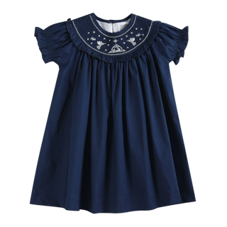 Blue Nativity Smocked Ruffle Bishop Dress

