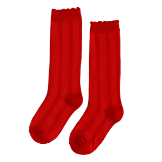 Bright Red Scalloped Knee High Socks
