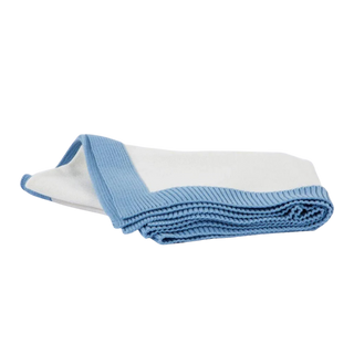 Jersey Knit Blanket with Contrast Rib Border – Blue + Cream
